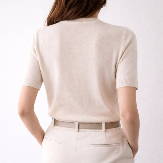 Model showing the back of the Gia Lucy Cashmere Short sleeve sweater
