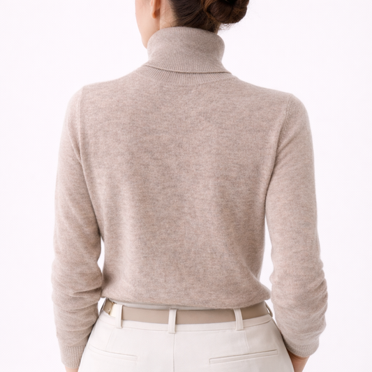 Model wearing Leah Cashmere Turtleneck showing the back