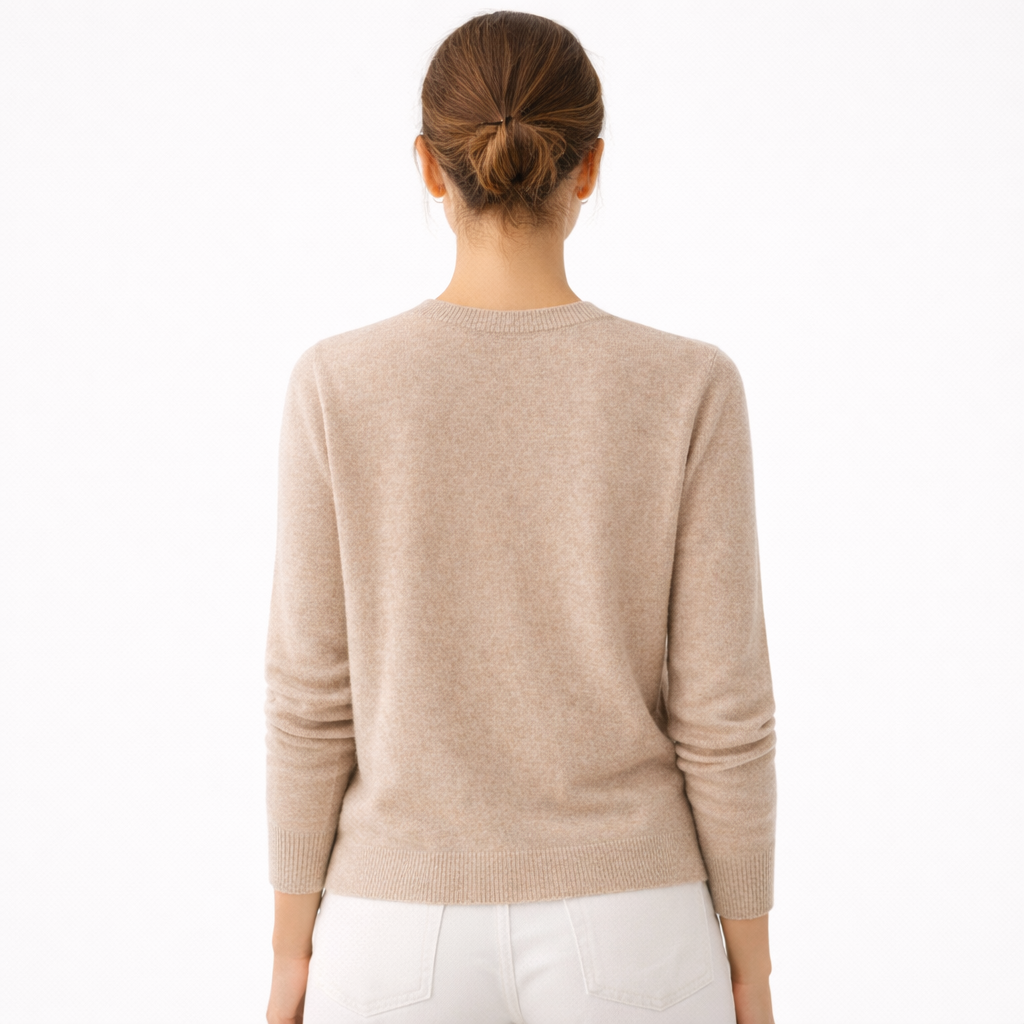 Model wearing Amara Beige Crew Neck Cashmere Sweater showing the back of the photo