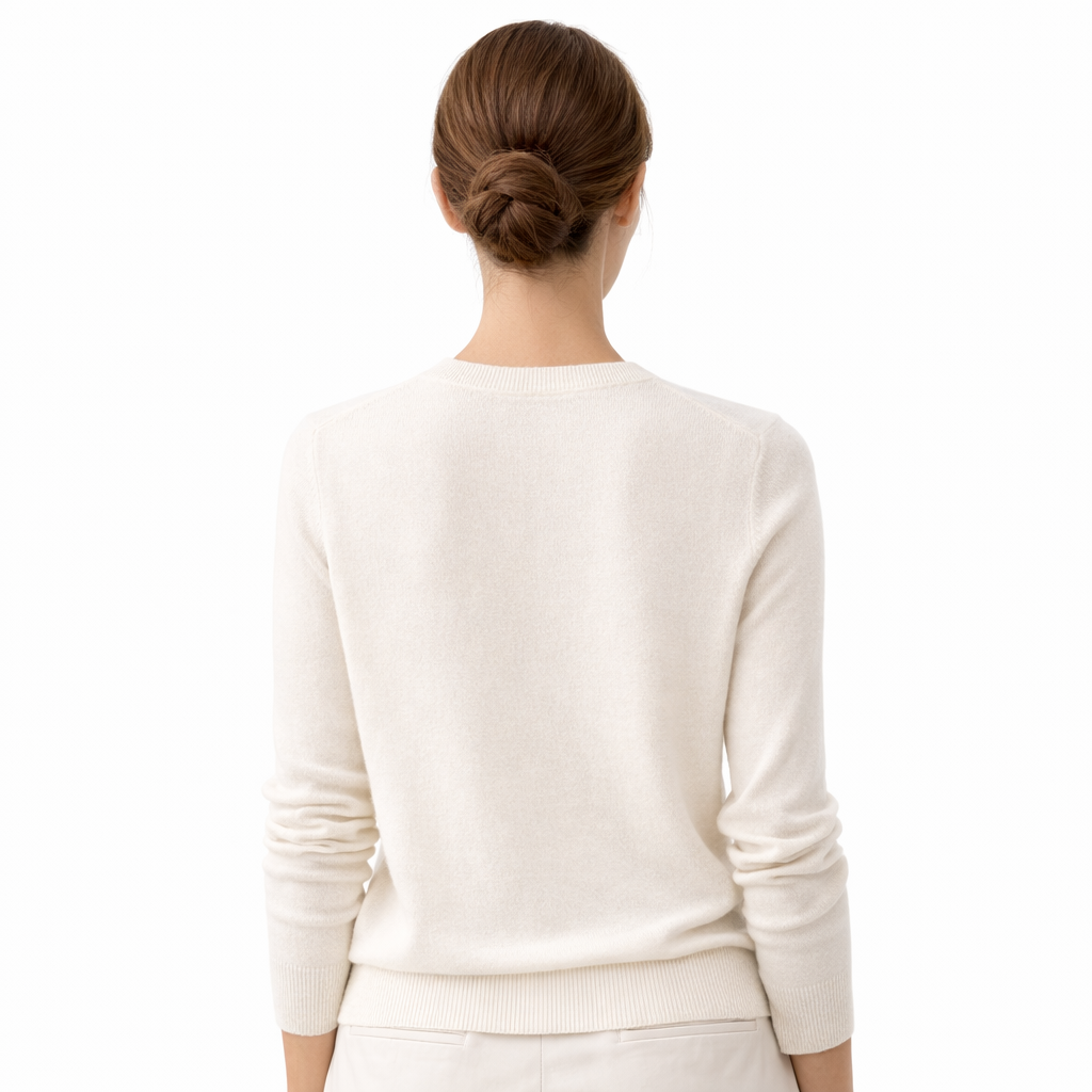 Model wearing Amara Crew Neck Cashmere Sweater Showing The Back 