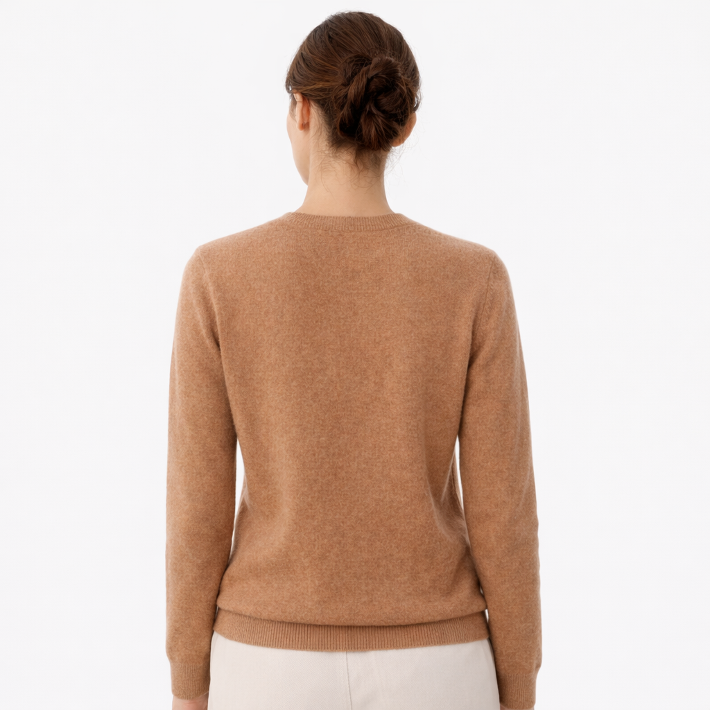 Model wearing Eva Brown V-Neck showing the back of the sweater