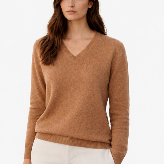 Model wearing Eva Brown V-Neck Cashmere Sweater 
