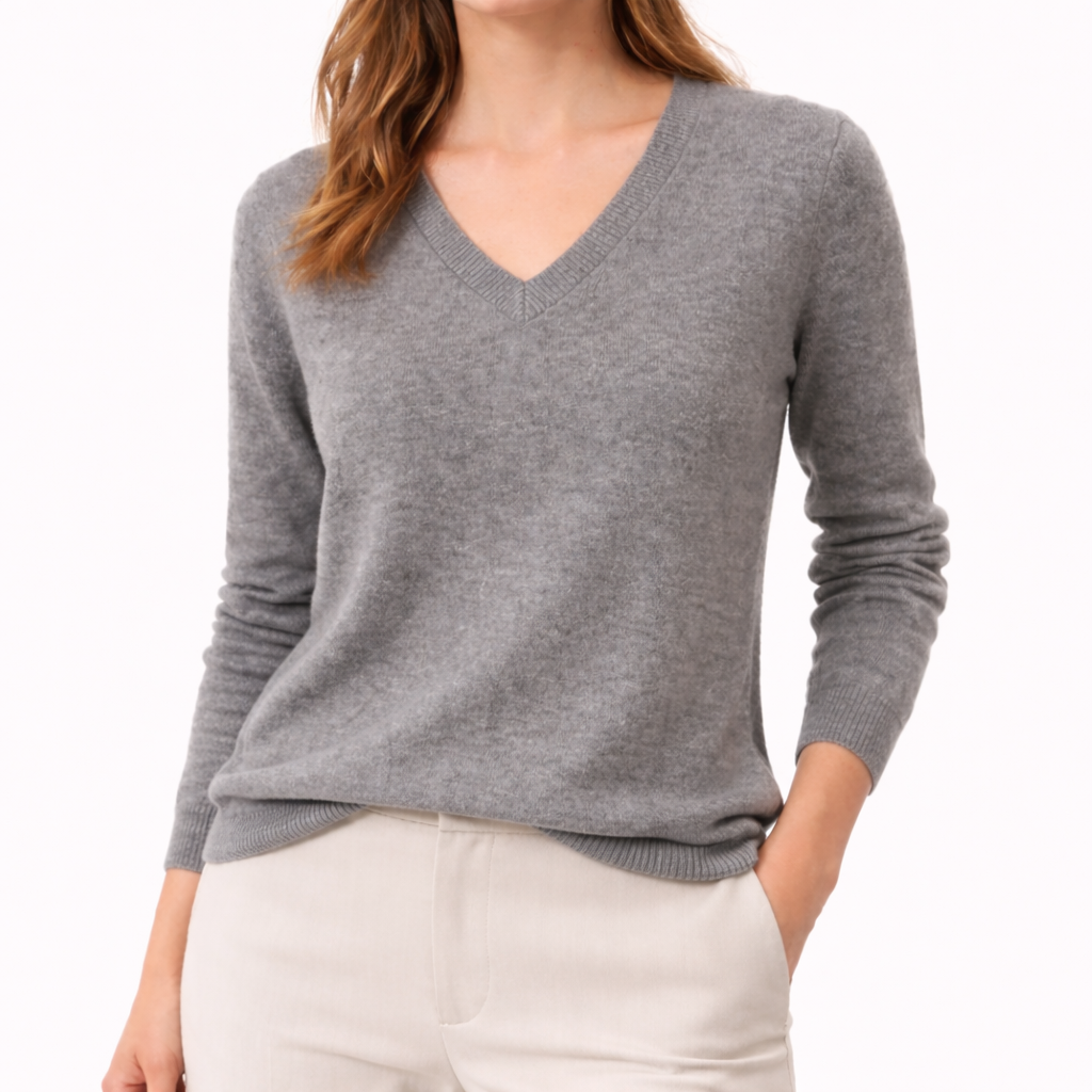 Model wearing Eva V-Neck Cashmere Sweater in grey