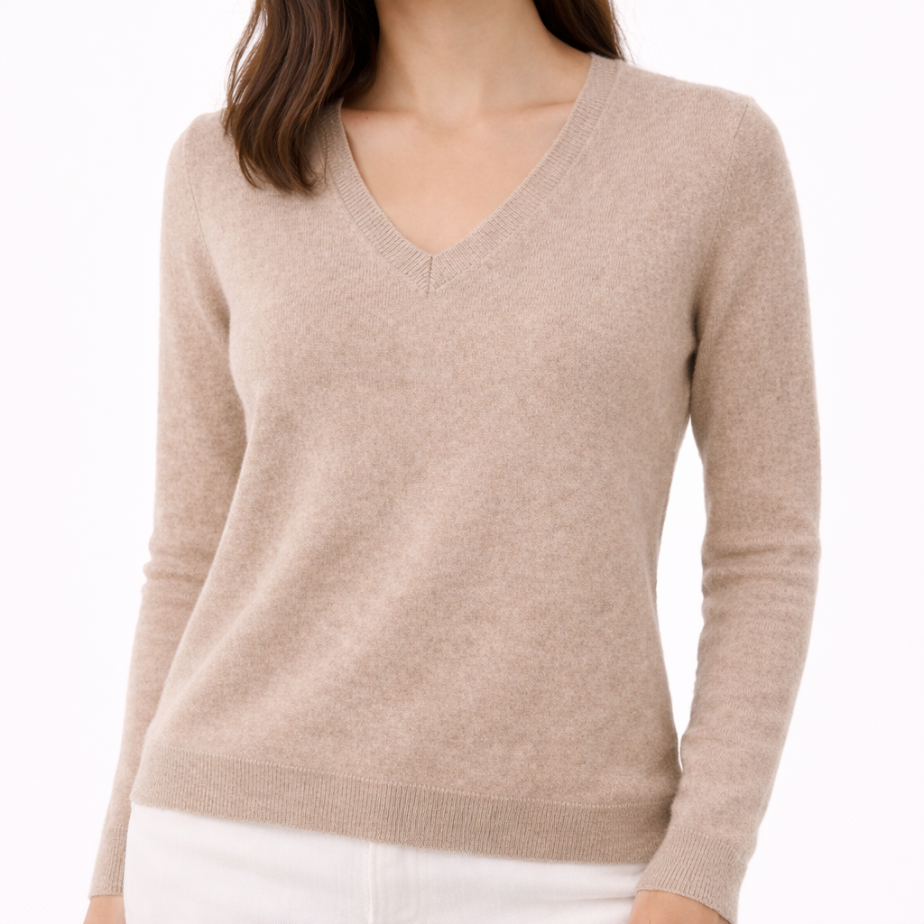 Model wearing Eva V-Neck Cashmere Sweater 