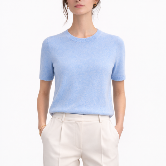 Model wearing Gia Azure crewneck cashmere short sleeve sweater