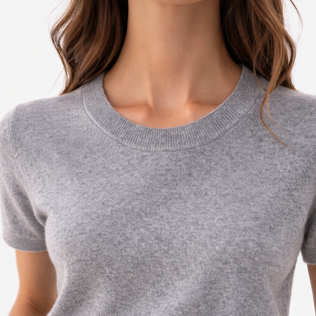 Close up photo of Gia Dove cashmere short sleeve crewneck sweater 