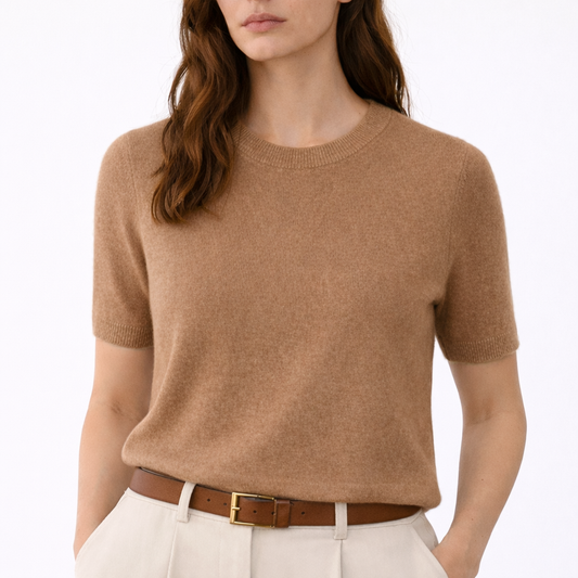 Model wearing Gia Dune cashmere crewneck short sleeve sweater