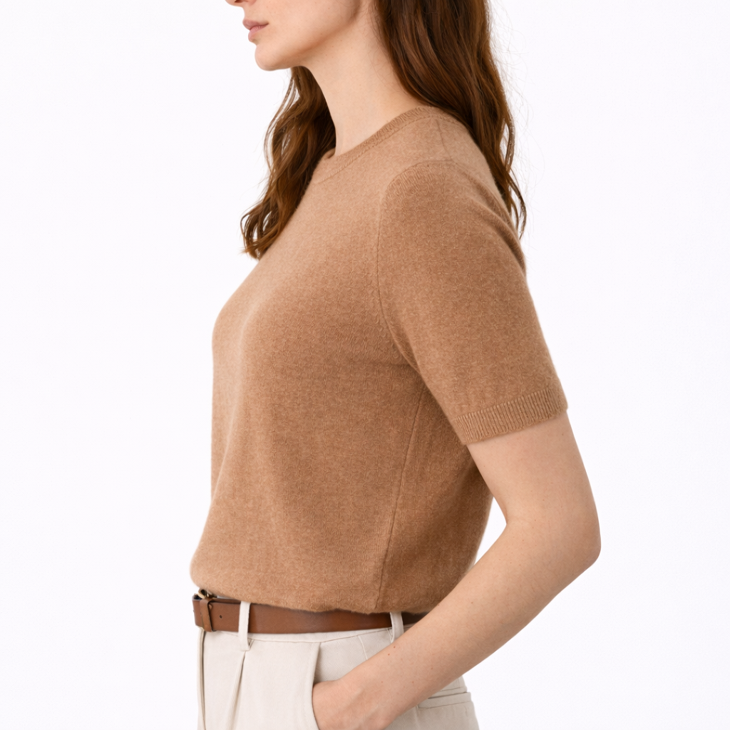 Side photo of Gia Dune sweater on the model.