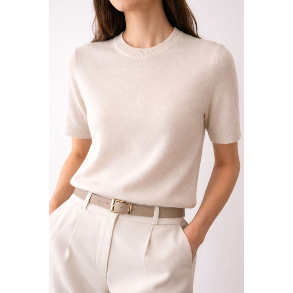 Model wearing Gia Lucy Cashmere Short Sleeve Sweater 