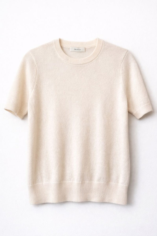 Gia Lucy Cashmere short sleeve crewneck sweater laying flat