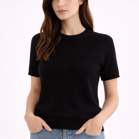 Model wearing Gia Noir Cashmere Short Sleeve Sweater