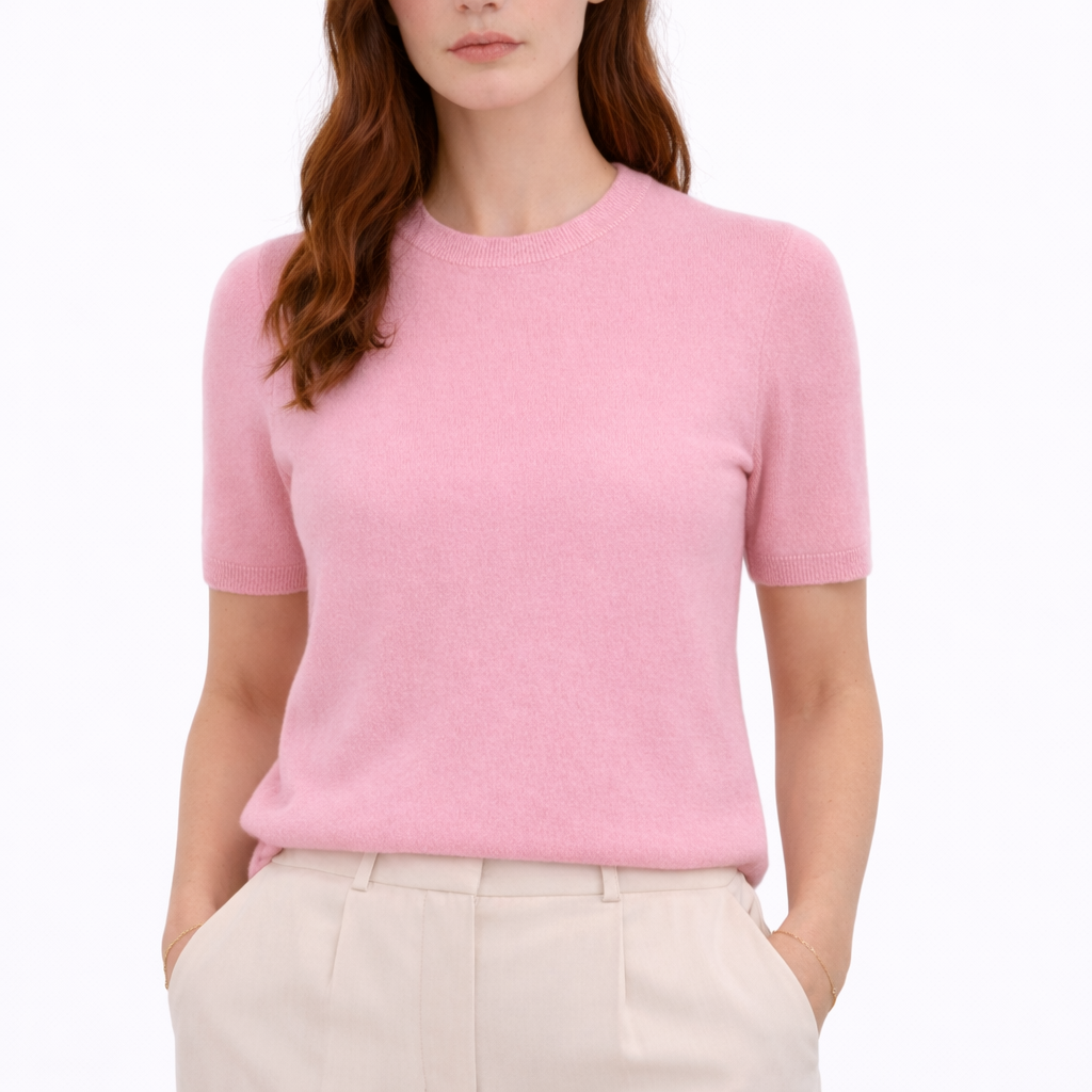 Model wearing Gia Rose cashmere short sleeve crewneck sweater