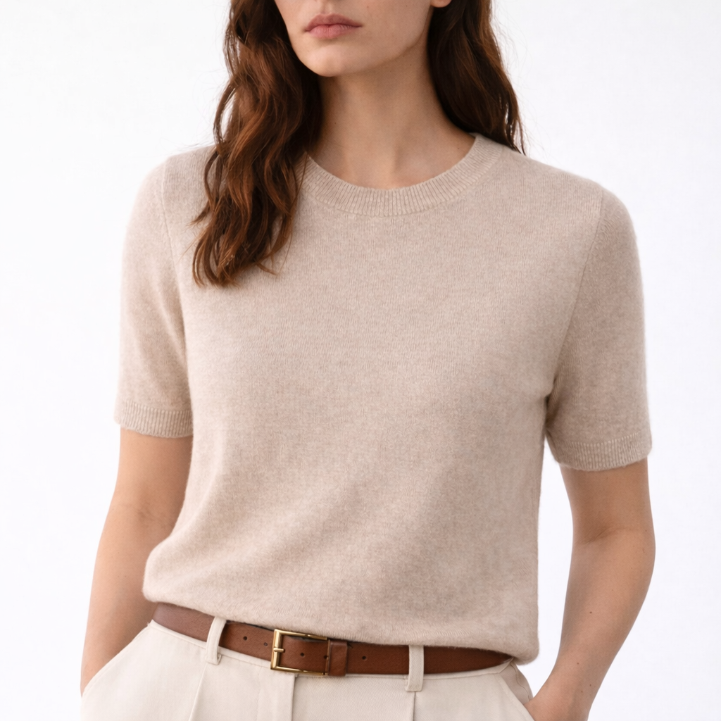 Model wearing Gia Sable Short Sleeve Cashmere Crewneck sweater