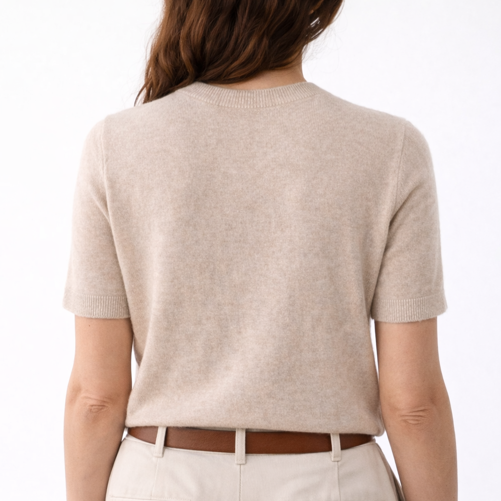 Back Image of Gia Sable Cashmere Short Sleeve Crewneck showing the back