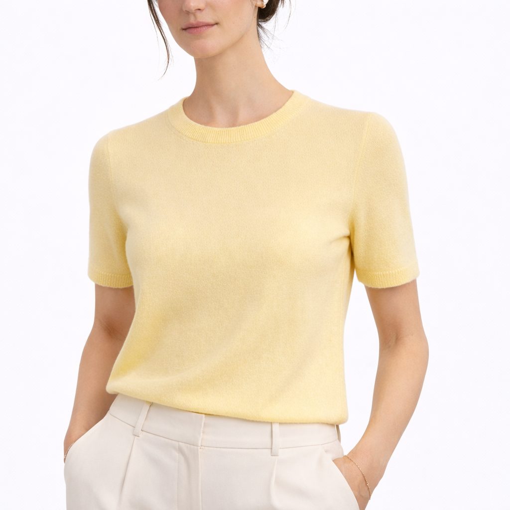 Model wearing Gia Sol cashmere crewneck short sleeve sweater