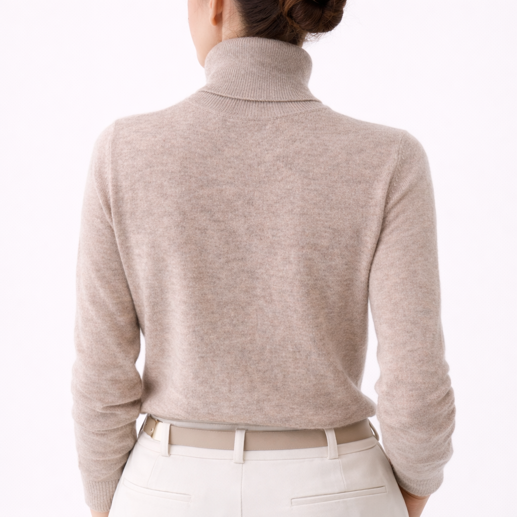 Model wearing Leah Cashmere Turtleneck showing the back 