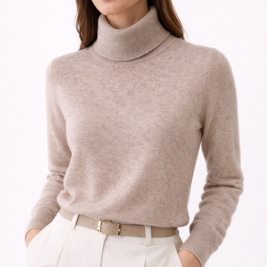 Model wearing Leah Cashmere Turtleneck in Beige