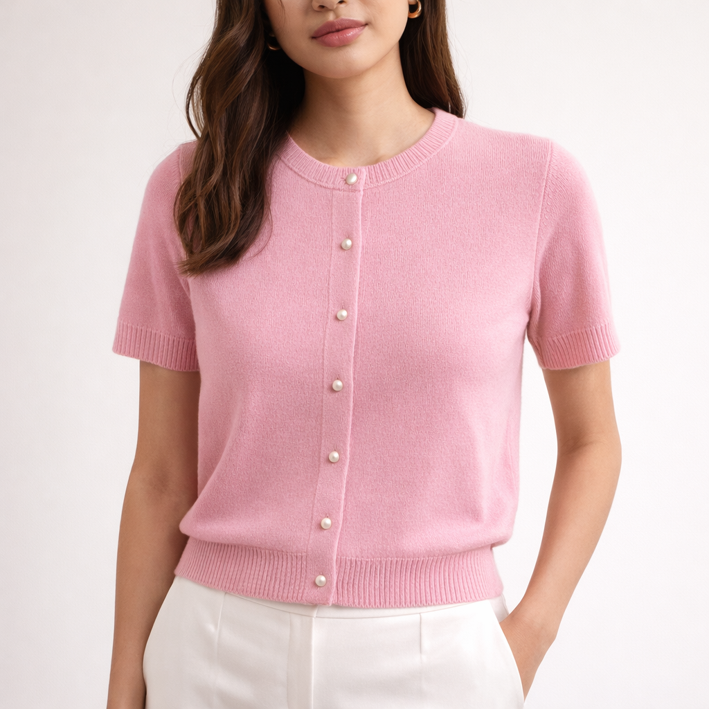 Model wearing Rosaline Cashmere Short Sleeve Cardigan With Pearl Buttons.