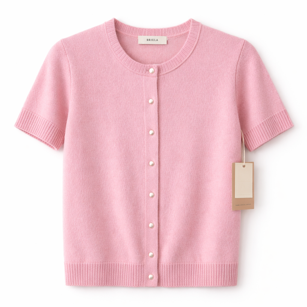 Rosaline cashmere crew neck short sleeve cardigan laying flat 